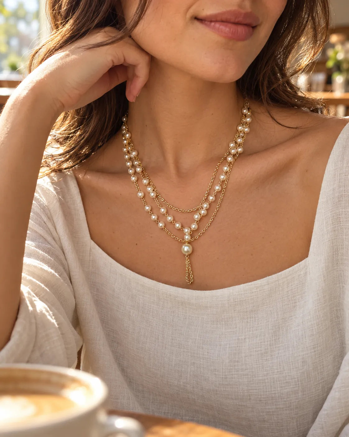 Model at a café in a cream knit wearing the layered pearl-style necklace
