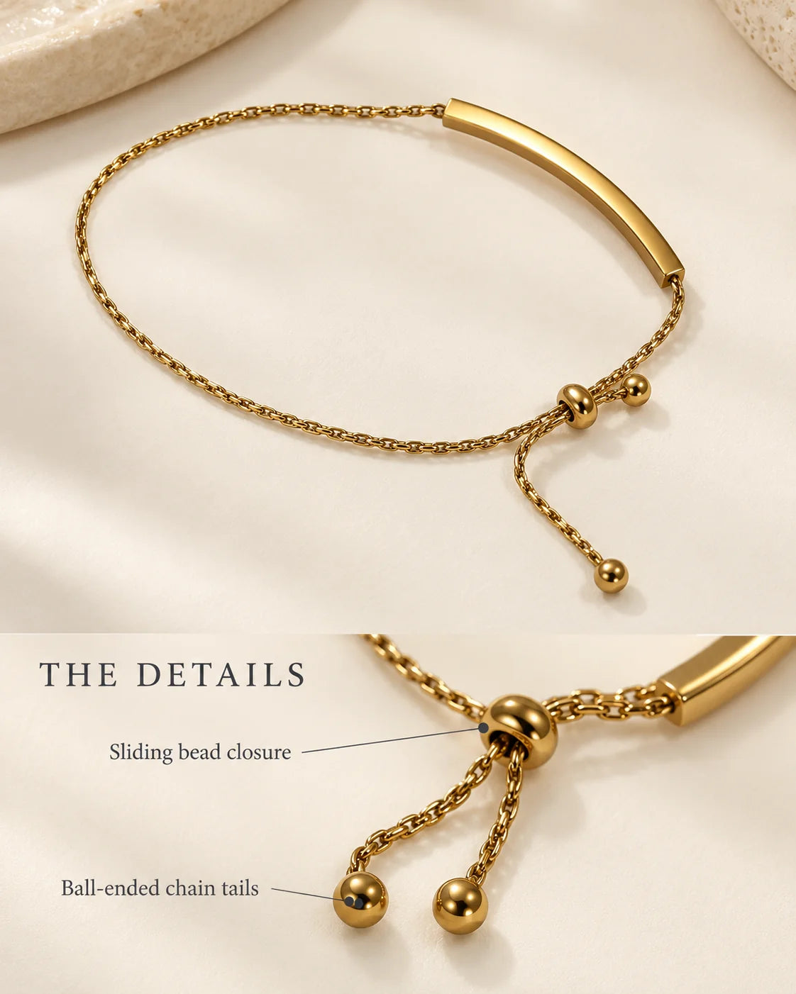 Details of the gold bar bracelet: sliding bead closure and ball-ended chain tails
