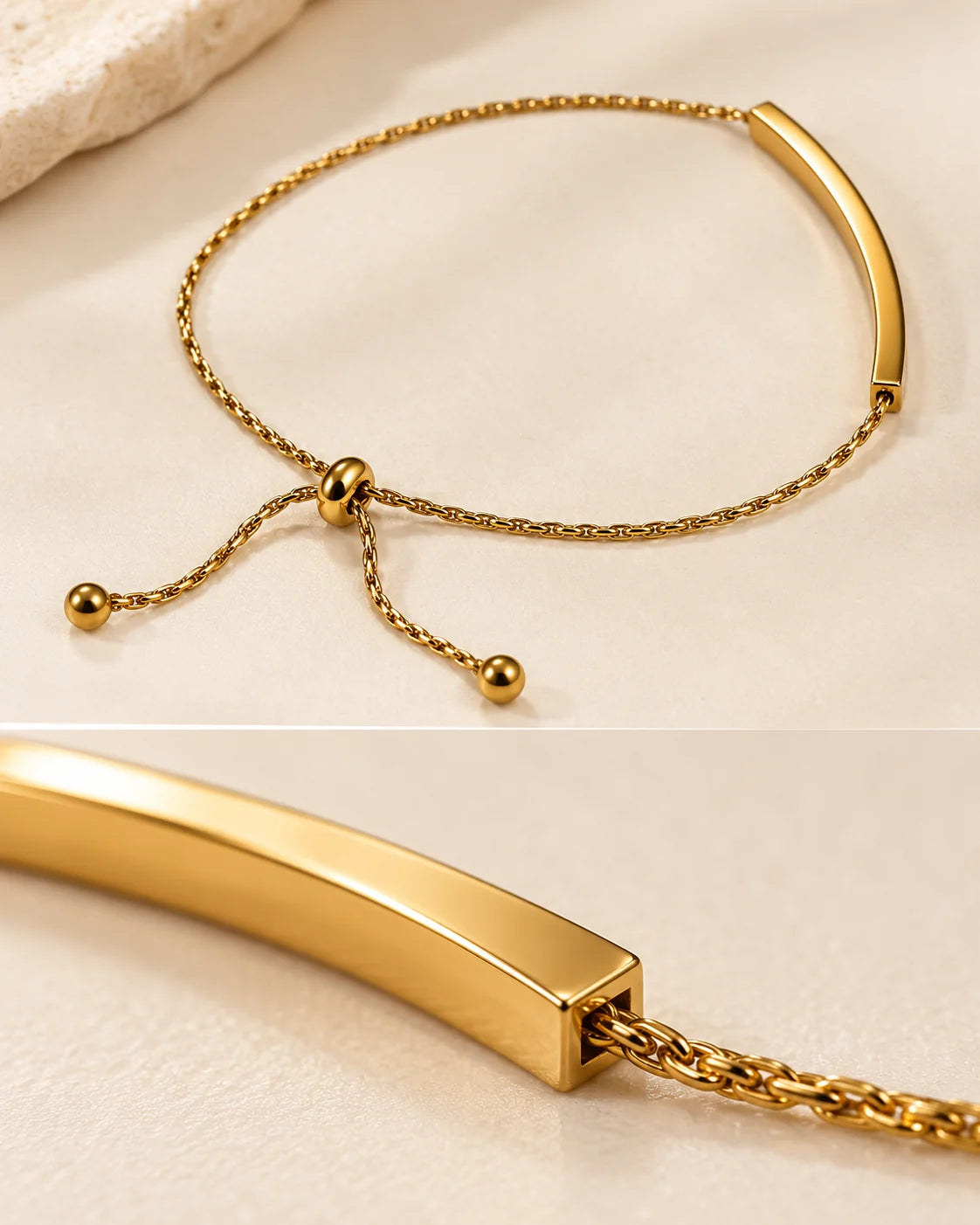 Macro of the polished 18K gold plated curved bar and fine chain