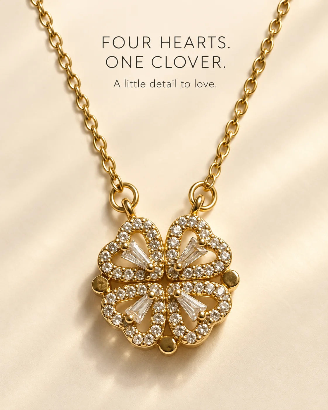 Four hearts, one clover: Amora gold four-heart clover necklace feature card