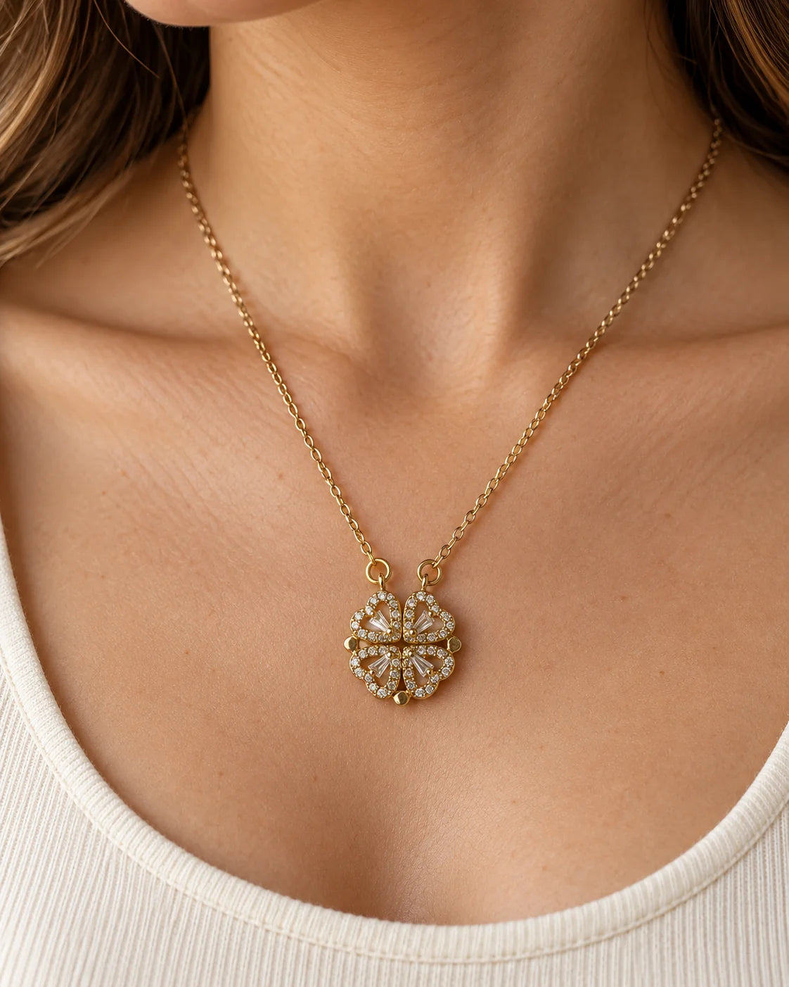 Model wearing the Amora gold four-heart clover necklace with a white scoop-neck top