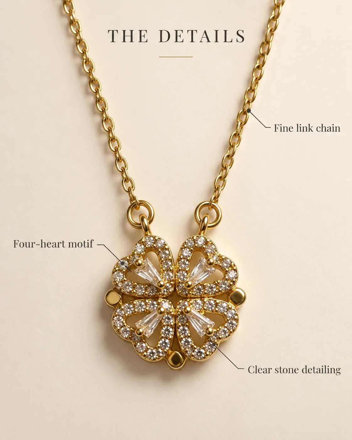 Amora necklace detail card highlighting the fine link chain, four-heart motif and clear stone detailing