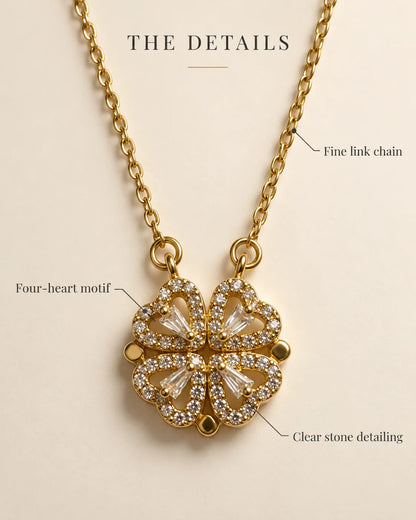 Amora necklace detail card highlighting the fine link chain, four-heart motif and clear stone detailing