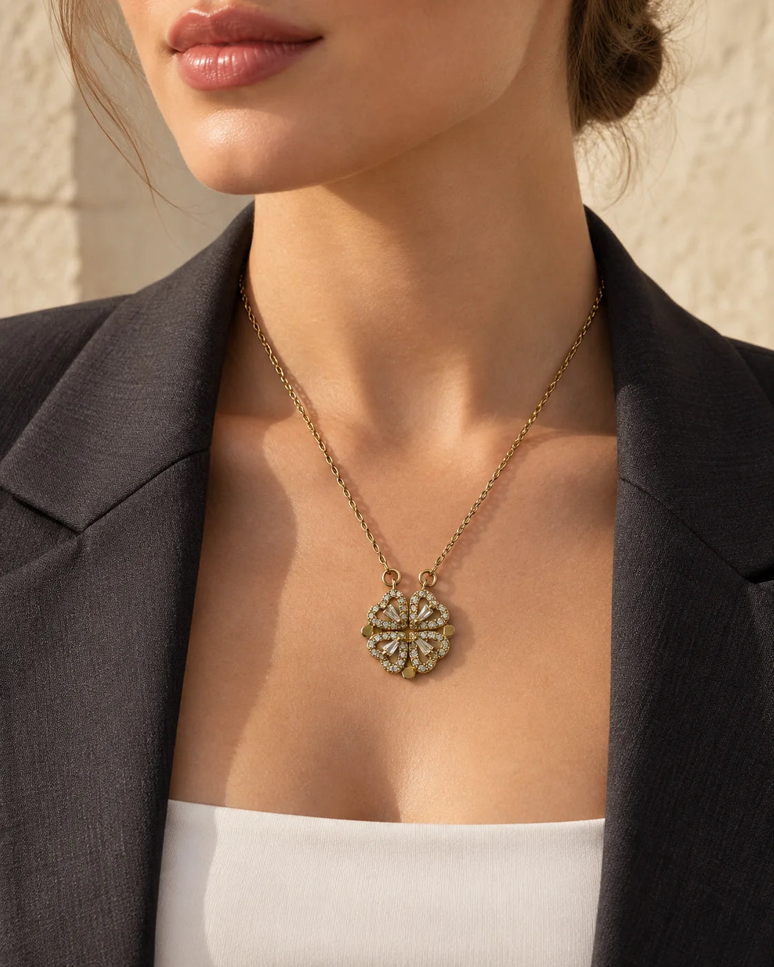 Model in a black blazer wearing the dainty Amora gold four-heart clover necklace