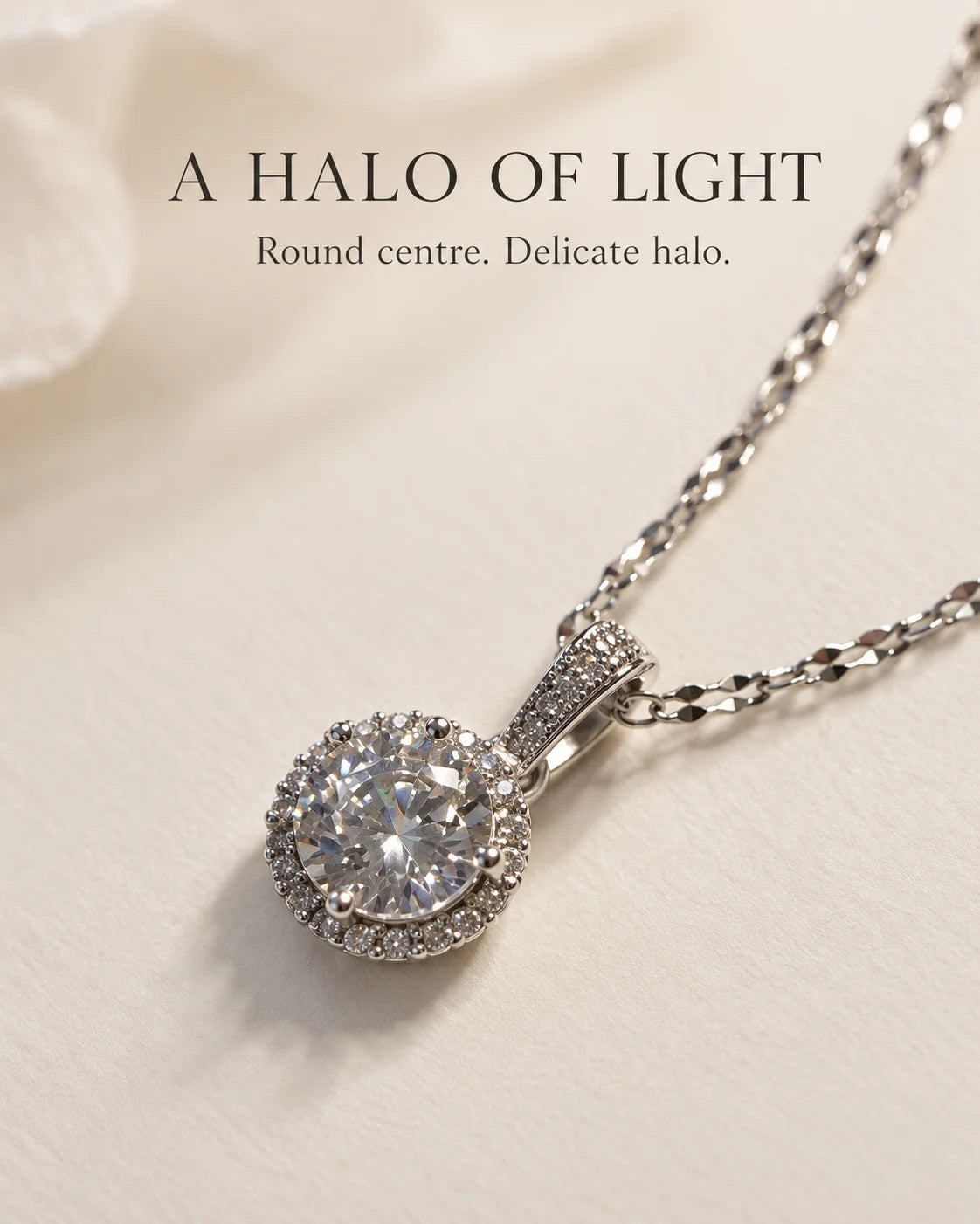 A halo of light: Luna silver round halo pendant necklace feature card
