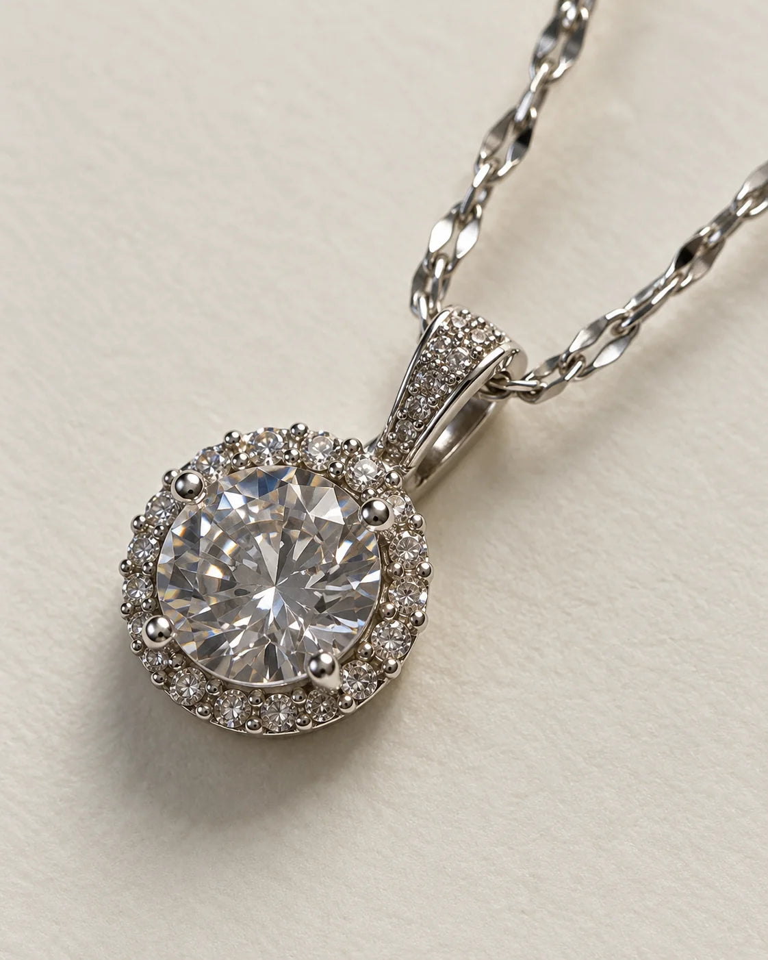 Close-up of the Luna round halo pendant showing the centre stone, stone-set halo and bail