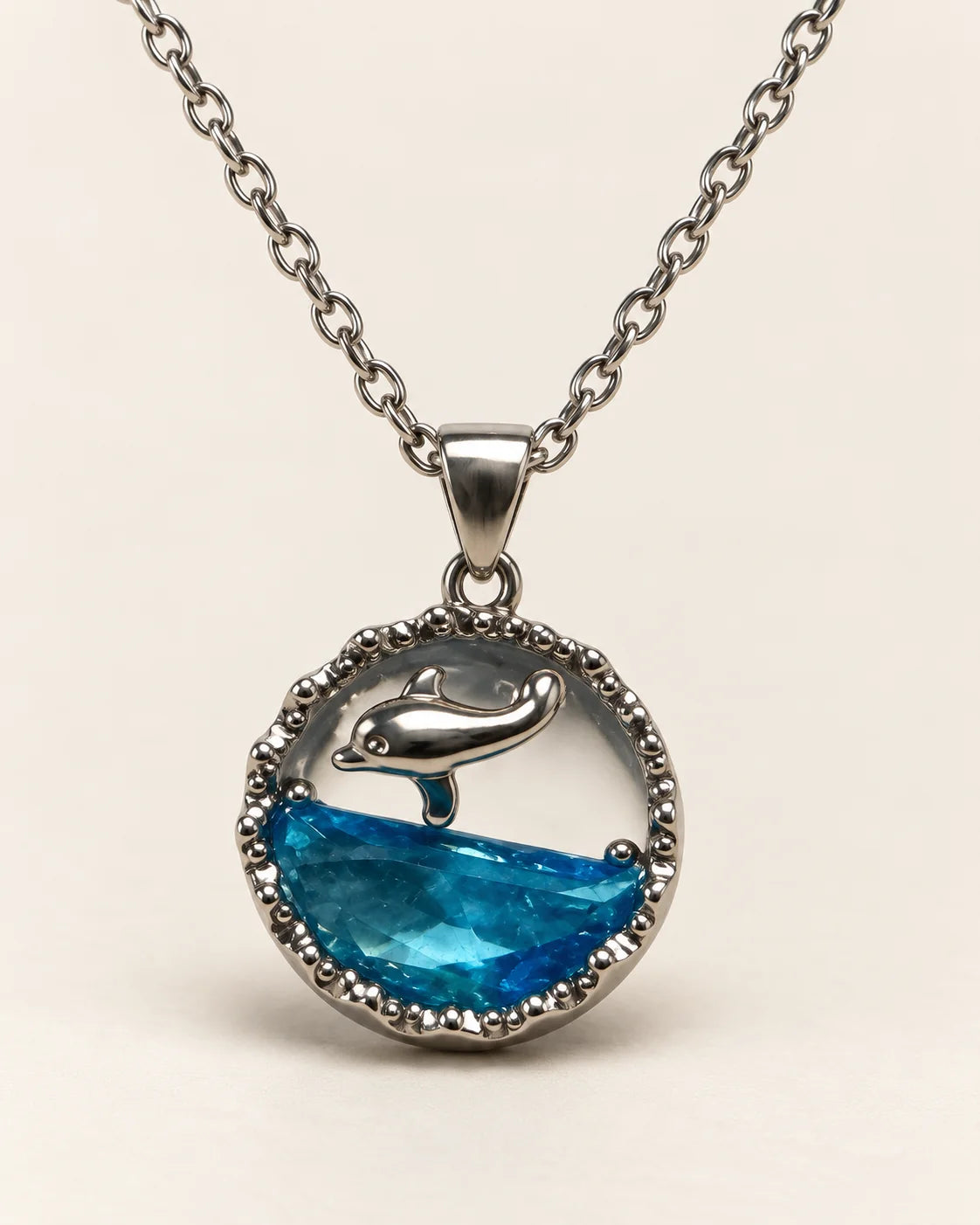 Delphine silver dolphin pendant with an ocean-blue faceted wave on a cream background