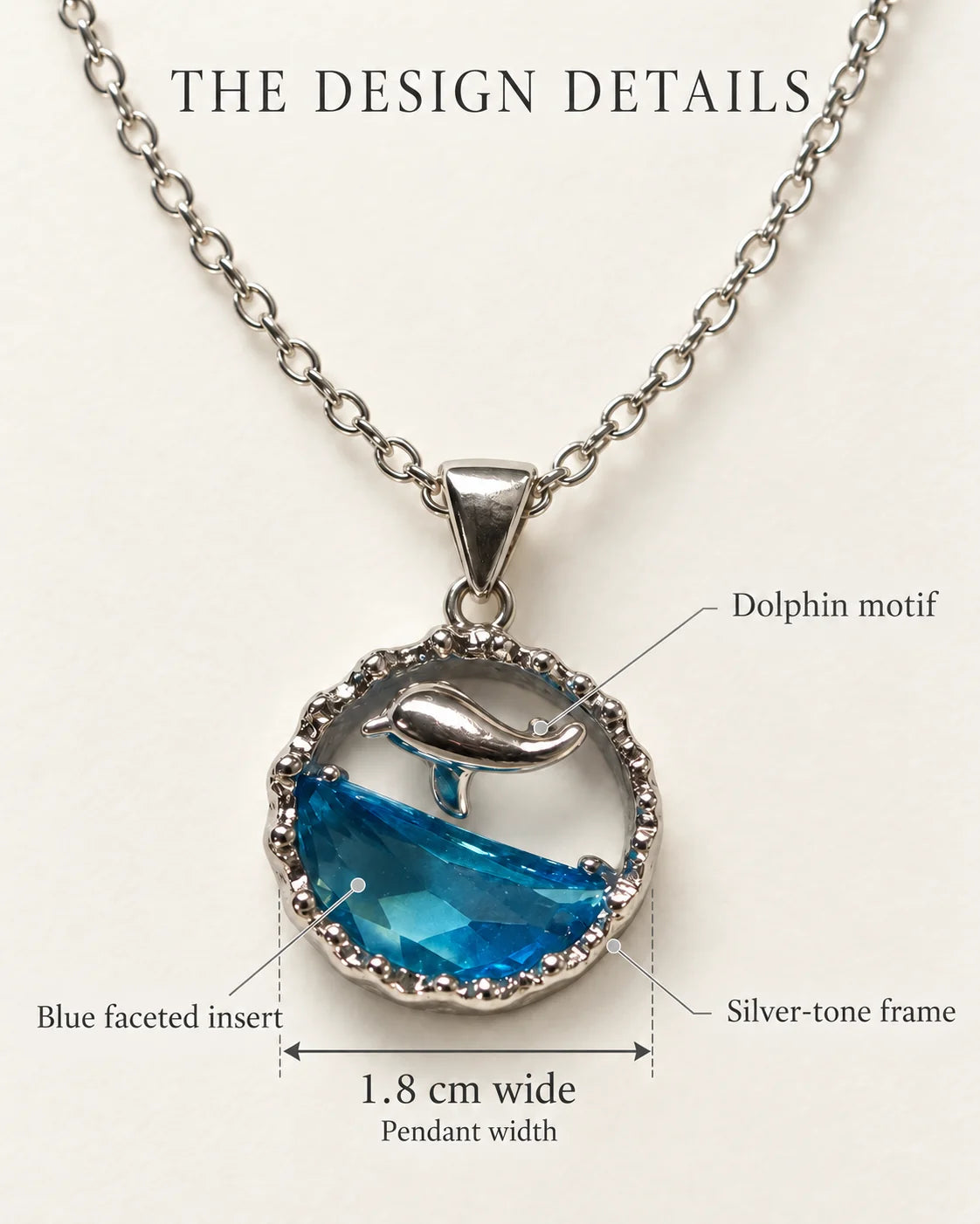 Delphine design details card showing the 1.8 cm pendant width