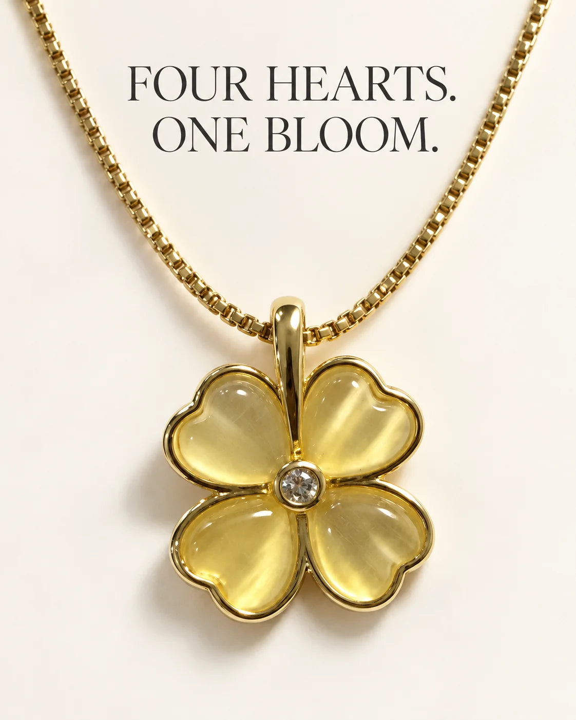 Four hearts, one bloom: Primrose four-petal heart clover necklace feature card