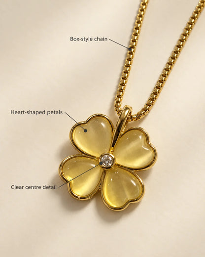 Primrose detail card highlighting the box-style chain, heart-shaped petals and clear centre detail