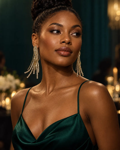 Model in a green satin dress wearing the long rhinestone tassel earrings