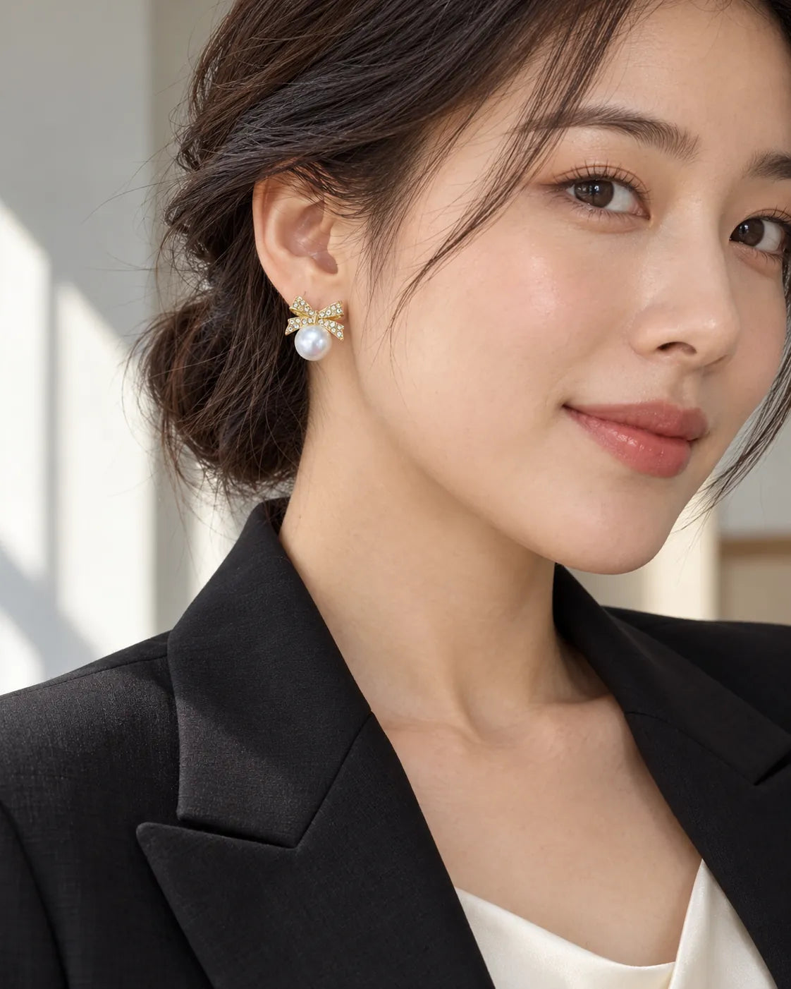 Model in a black blazer wearing the gold bow and pearl-look studs