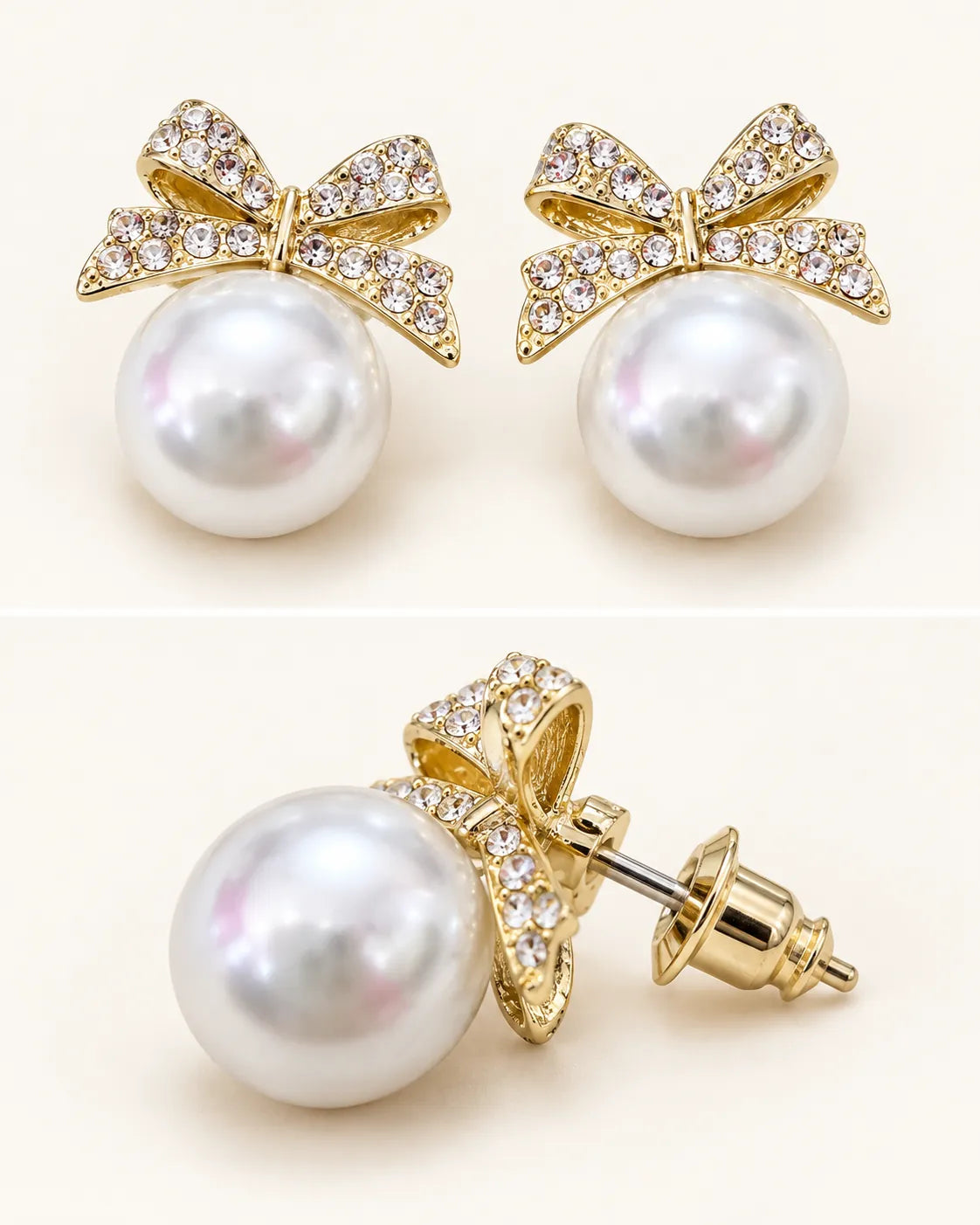 Two-panel view of the gold bow pearl-look studs from the front and post side