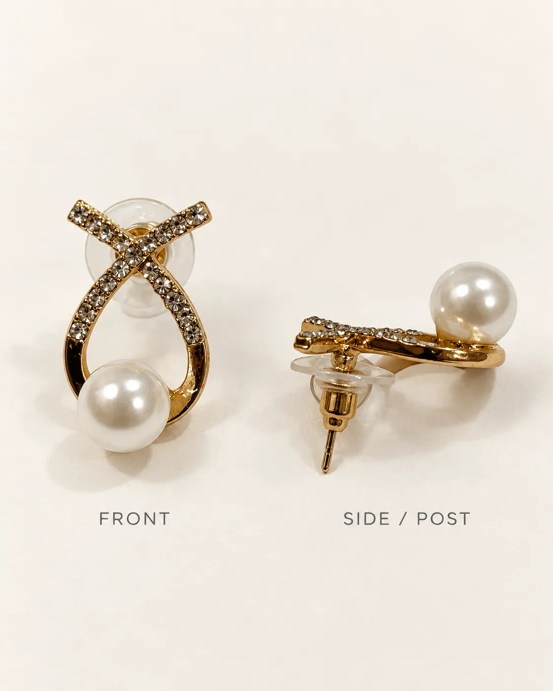 Front and side post views of the gold crossed loop rhinestone studs