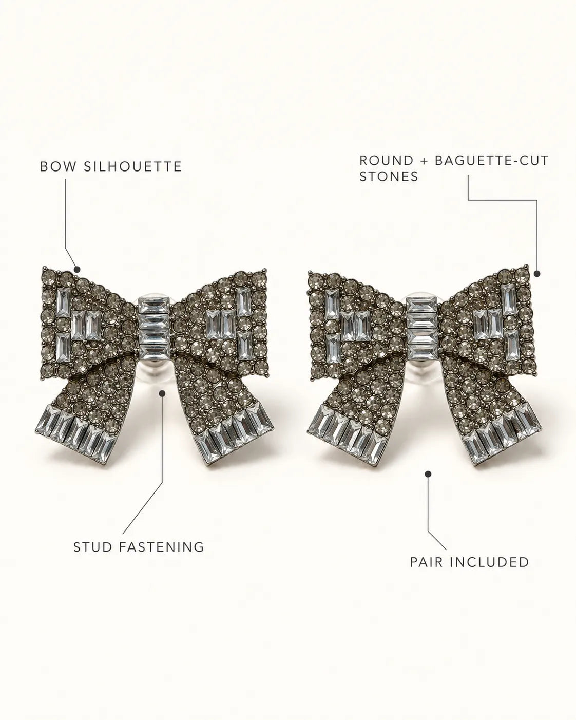 Annotated detail graphic of the bow silhouette and baguette rhinestones