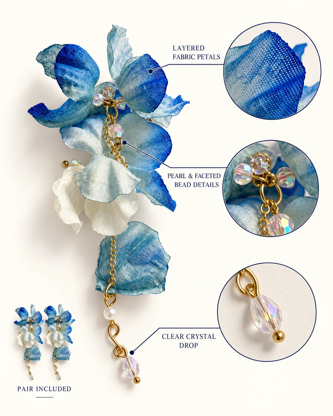 Annotated detail graphic of the fabric petals, crystal centre and crystal drop