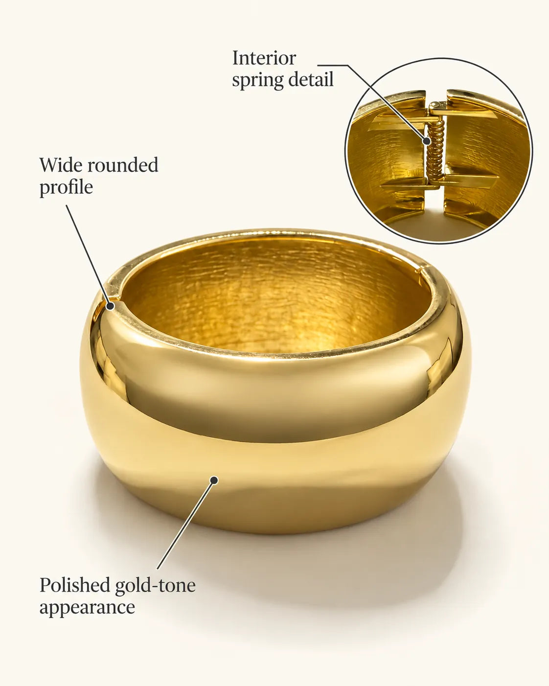 Annotated detail graphic of the gold cuff interior and polished finish