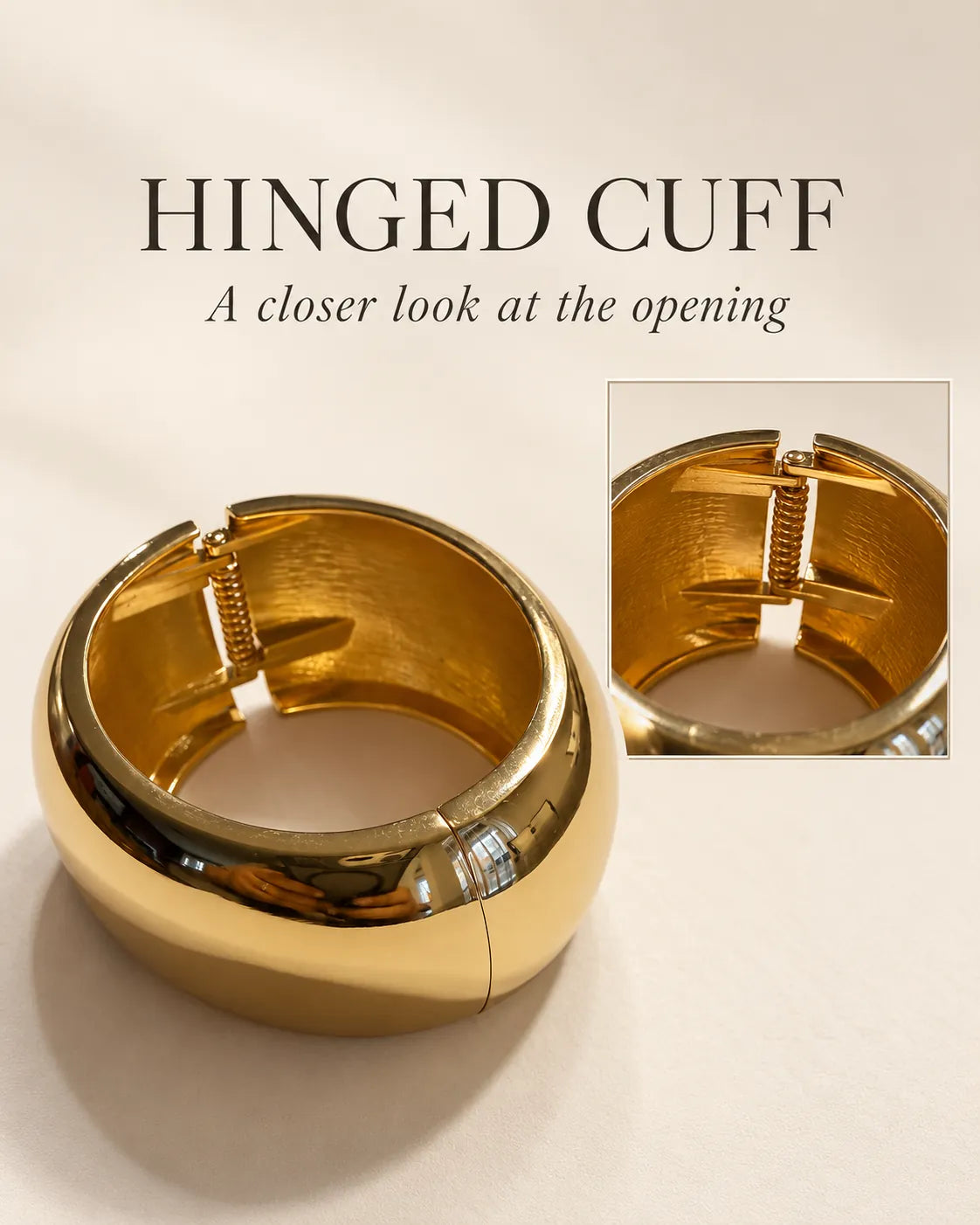 Hinged cuff graphic with a closer look at the gold cuff opening