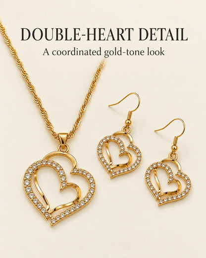 Double heart detail: gold-tone necklace and matching hook earrings