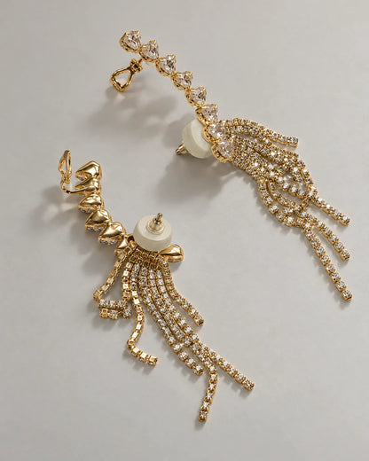 Back view of the gold heart ear climbers showing post backs and upper ear clips