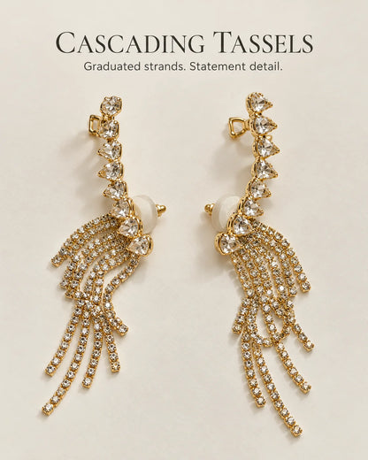 Cascading tassels: gold heart ear climbers with graduated rhinestone strands