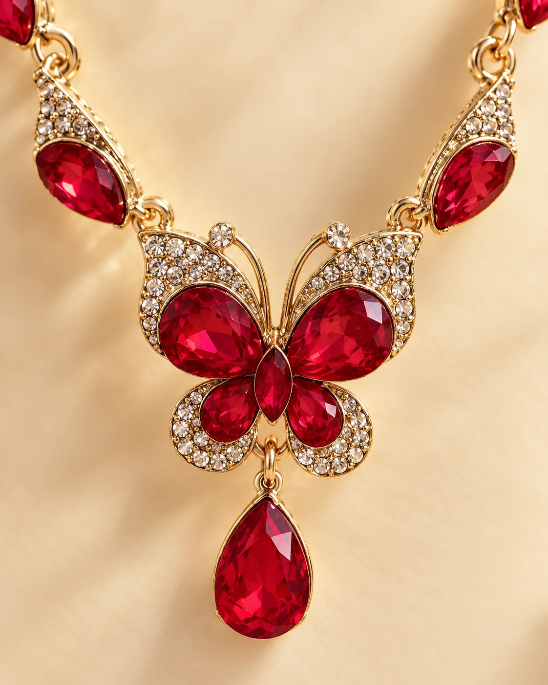 Close-up of the gold-tone butterfly centrepiece set with red crystals and clear rhinestones