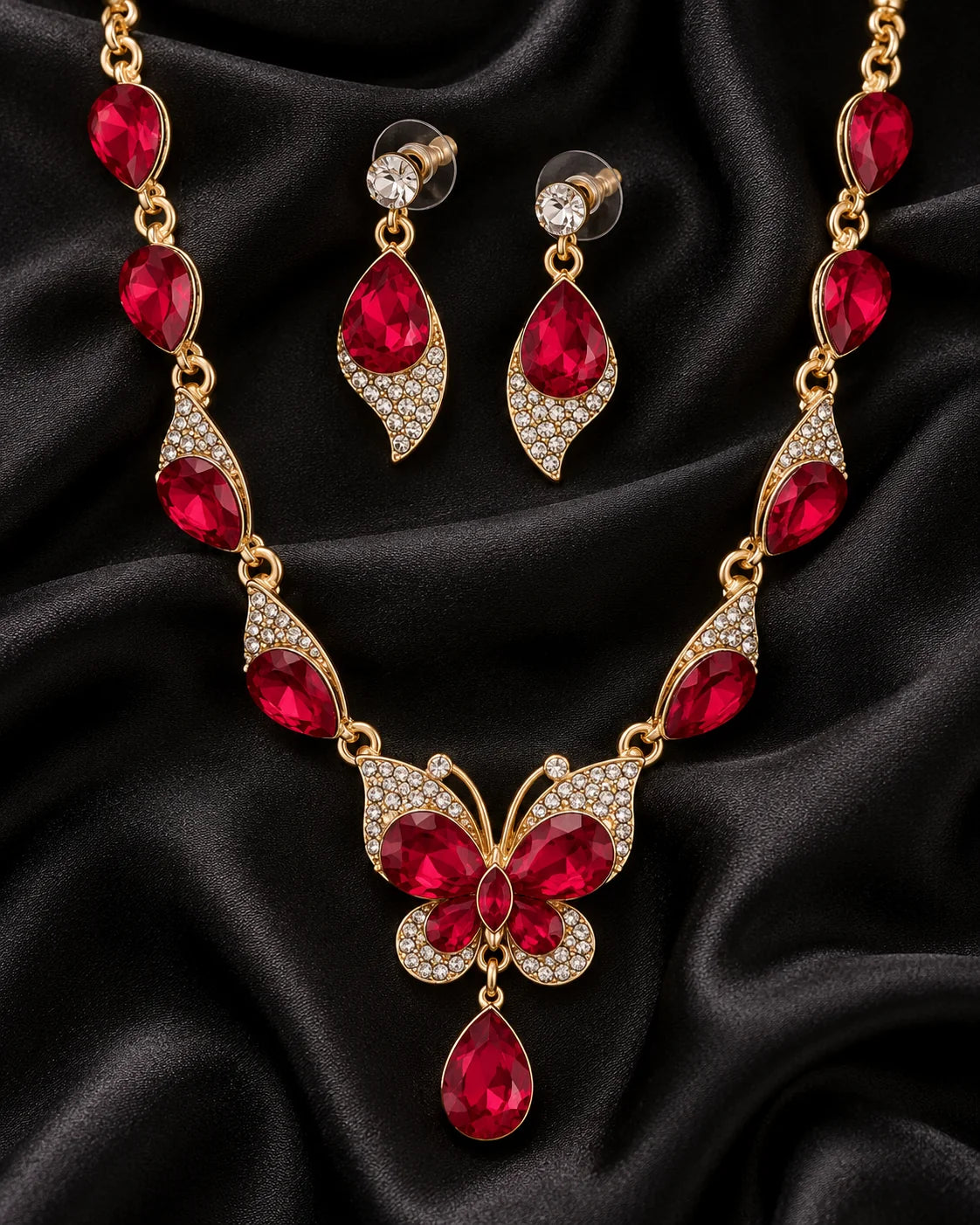 Red crystal butterfly necklace and earring set displayed on black satin