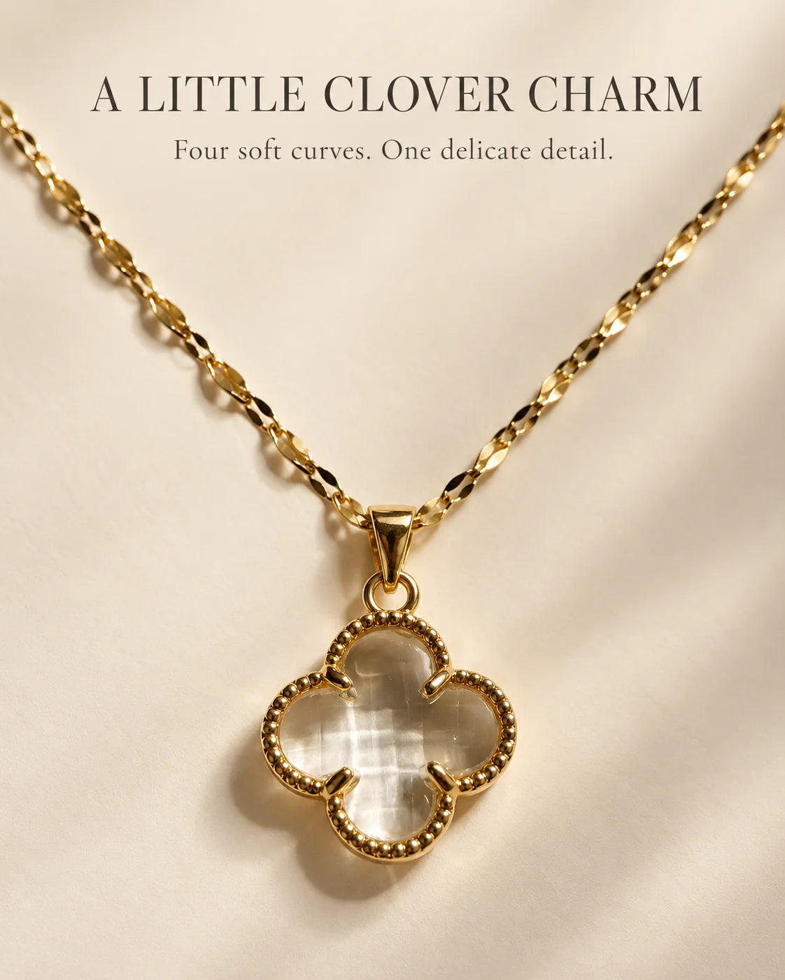 A little clover charm: Fortuna clear clover pendant necklace feature card