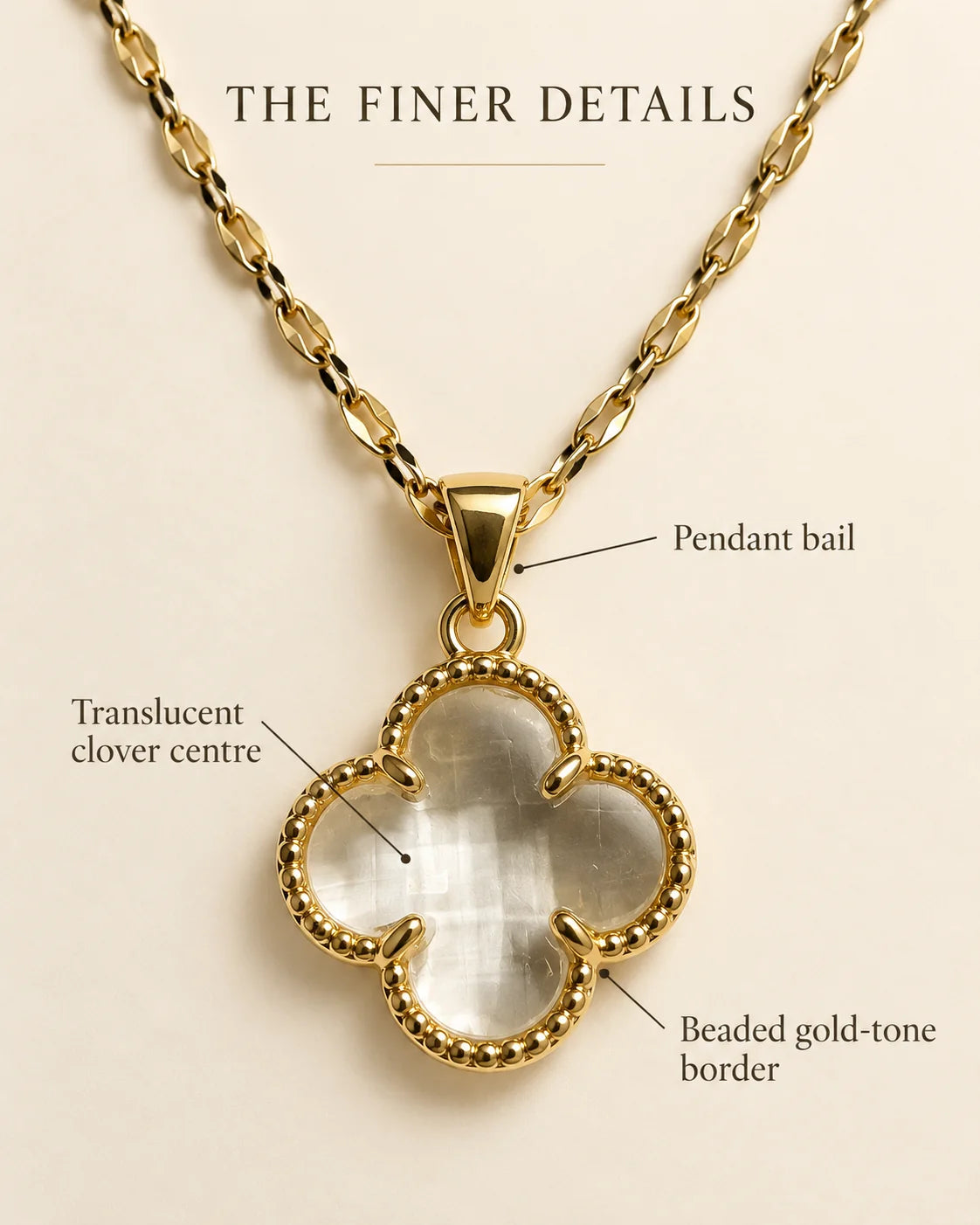 Fortuna clover detail guide highlighting the pendant bail, translucent centre and beaded gold-tone border