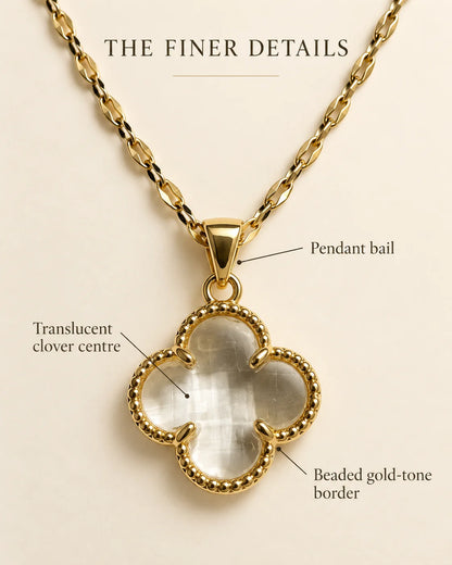 Fortuna clover detail guide highlighting the pendant bail, translucent centre and beaded gold-tone border