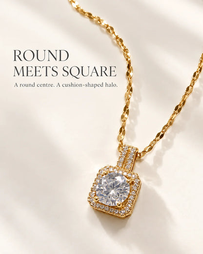 Round meets square: Celeste gold cushion halo pendant necklace feature card