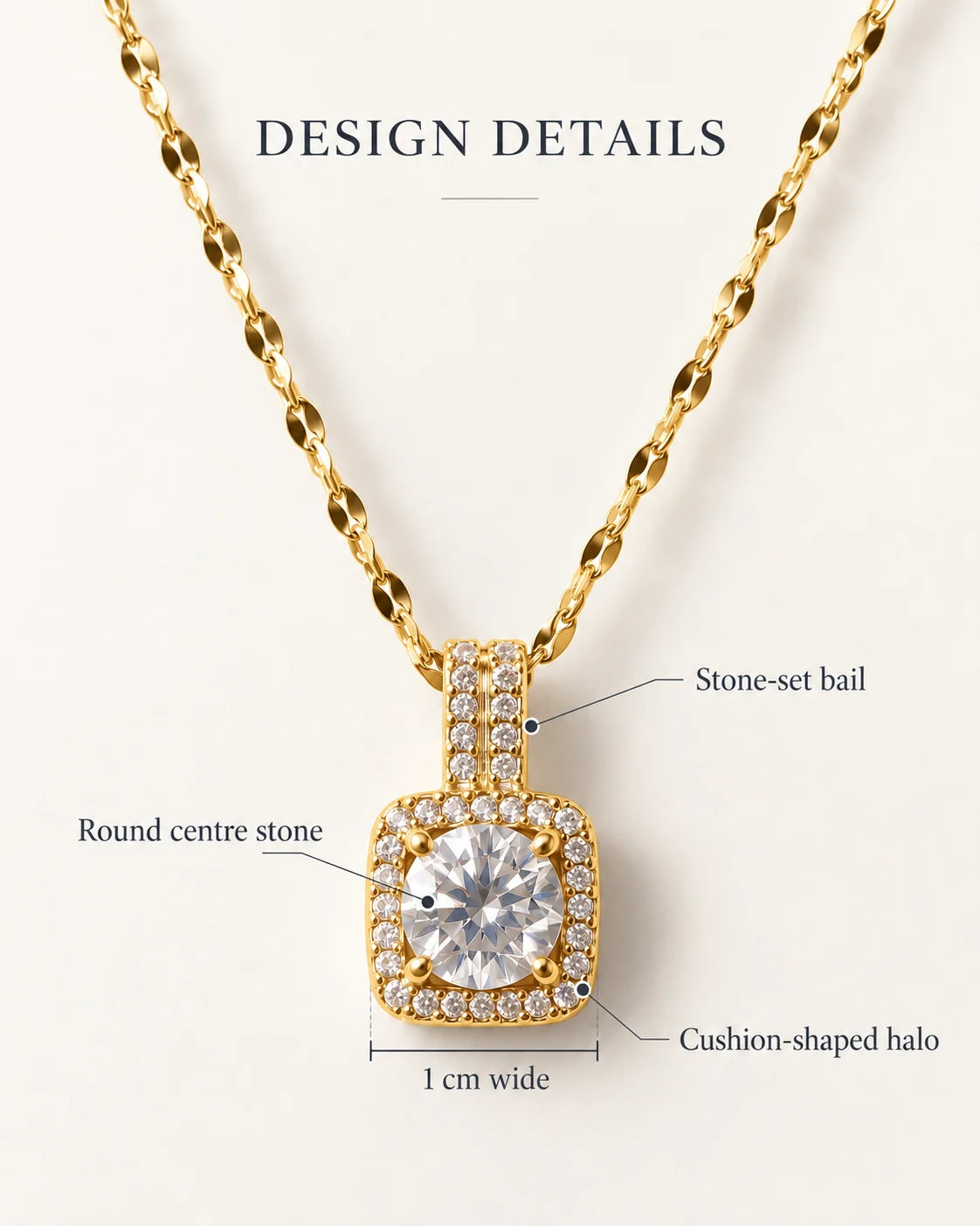 Celeste design details card showing the stone-set bail, round centre stone, cushion halo and 1 cm width