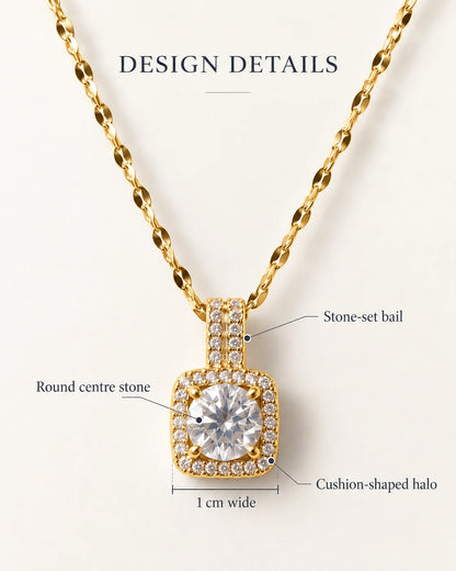 Celeste design details card showing the stone-set bail, round centre stone, cushion halo and 1 cm width