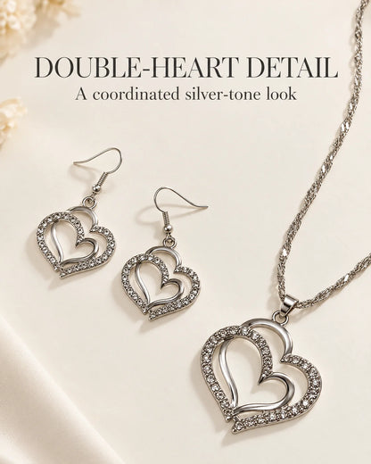 Double heart detail: silver-tone necklace and matching hook earrings