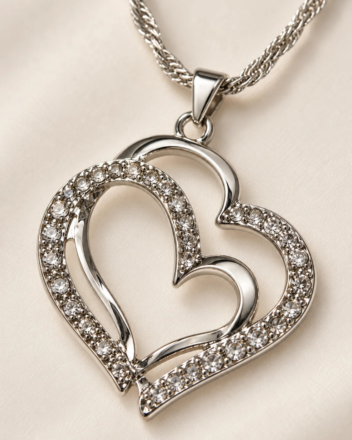 Close-up of the silver intertwined double heart pendant set with clear rhinestones