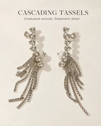 Cascading tassels: silver heart ear climbers with graduated rhinestone strands