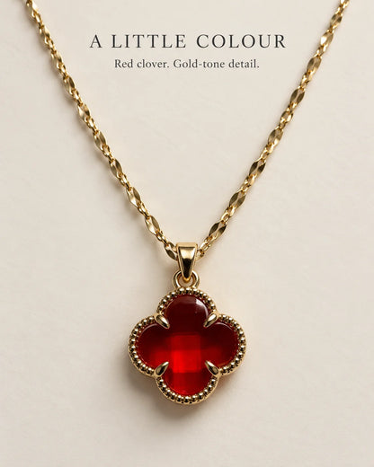 A little colour: Fortuna cherry red clover pendant necklace feature card