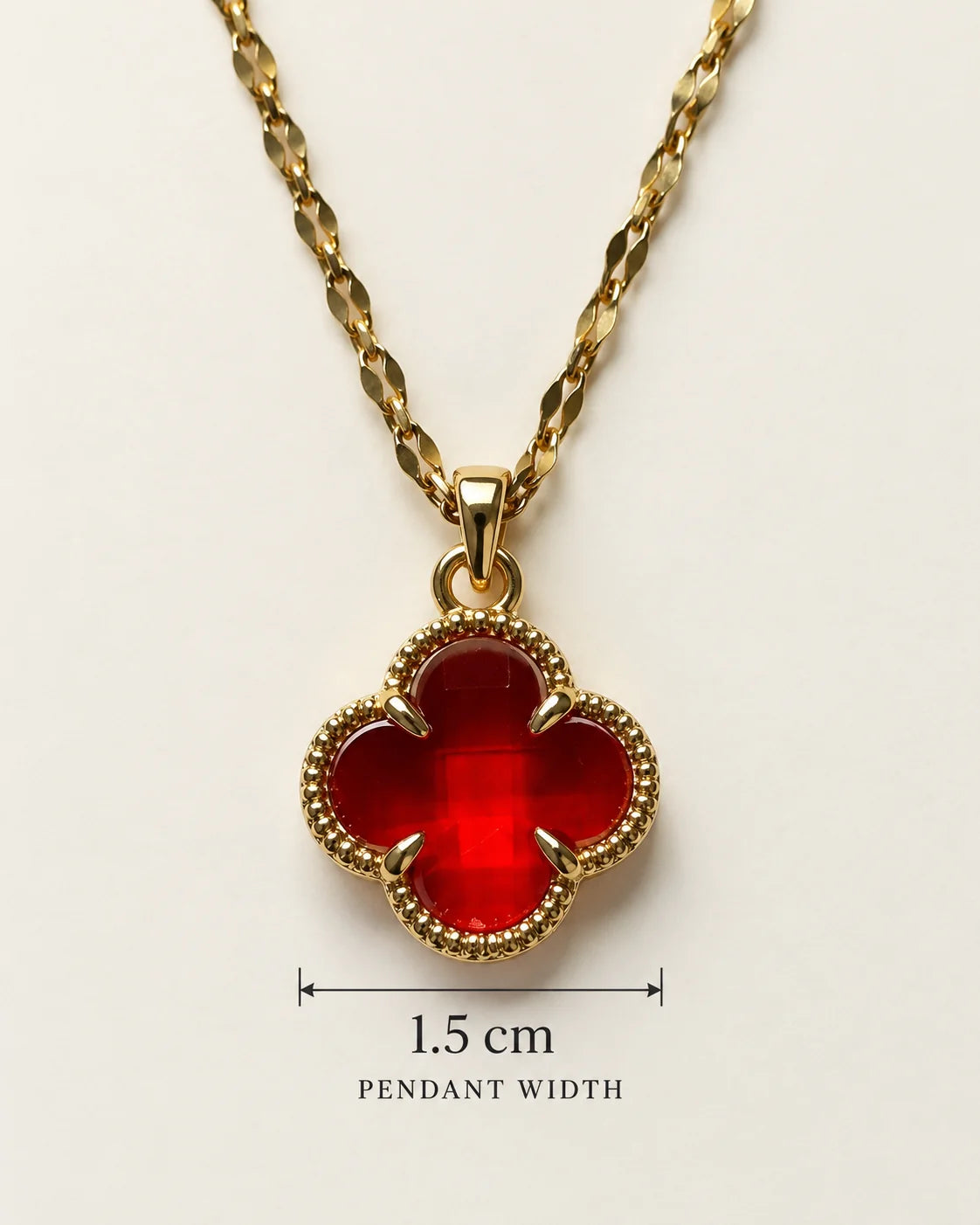 Fortuna cherry red clover pendant size card showing a 1.5 cm pendant width