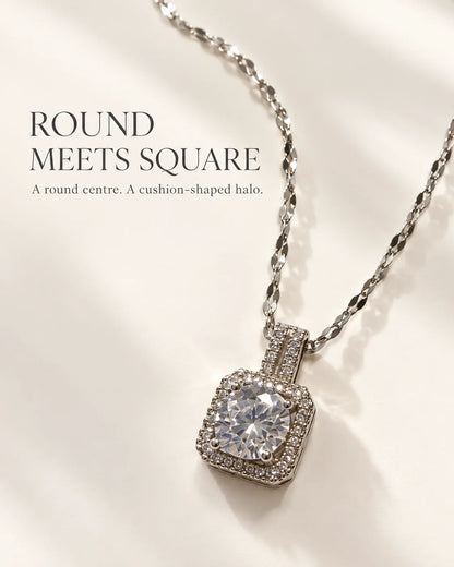 Round meets square: Celeste silver cushion halo pendant necklace feature card