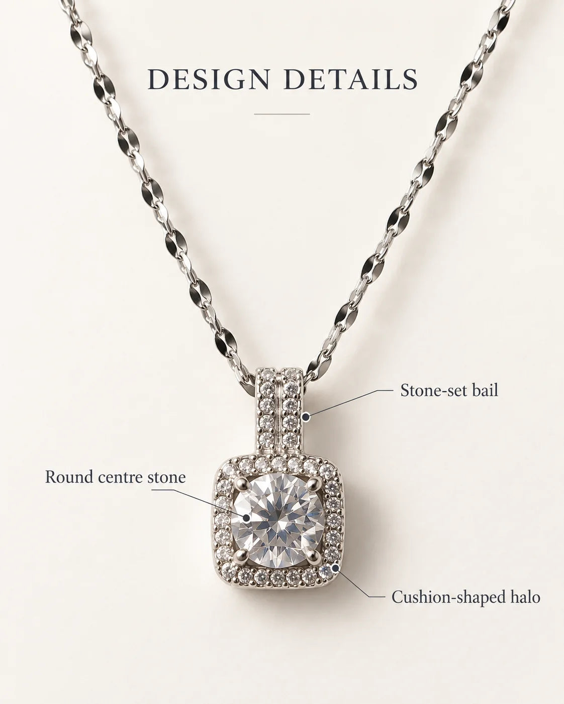 Celeste design details card showing the stone-set bail, round centre stone and cushion-shaped halo