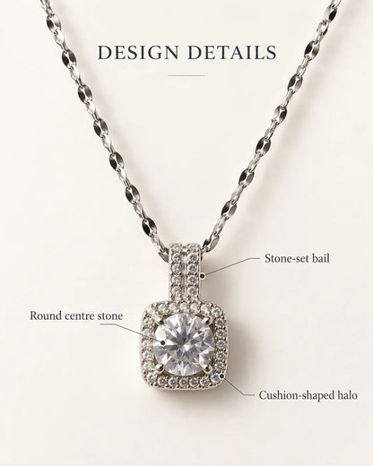 Celeste design details card showing the stone-set bail, round centre stone and cushion-shaped halo