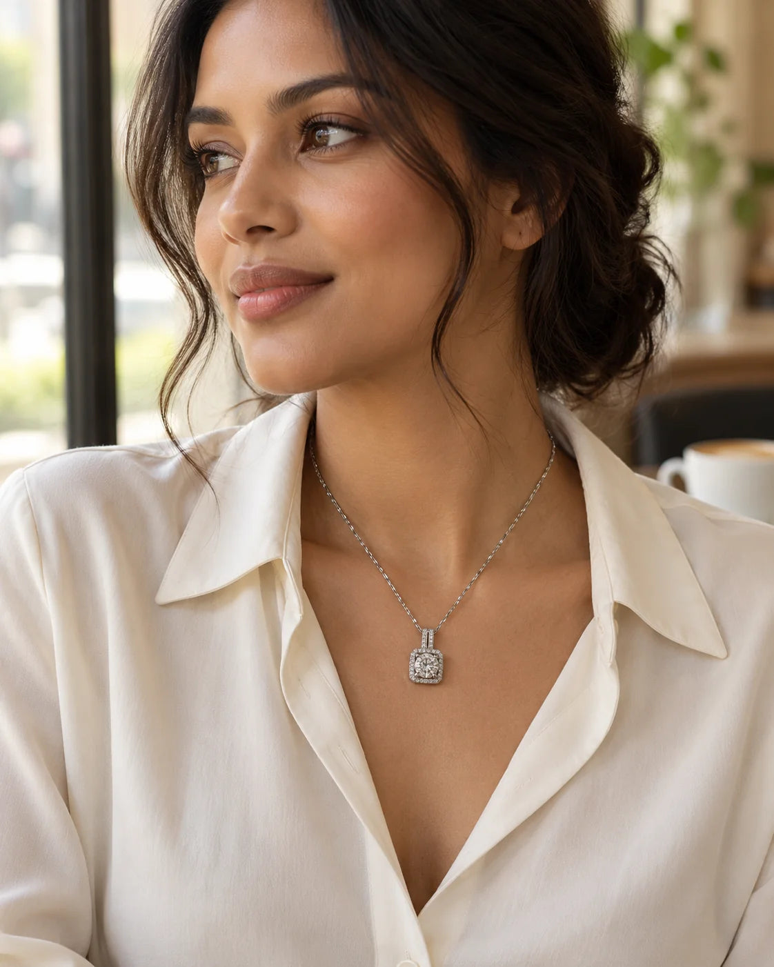 Model in an ivory blouse wearing the Celeste silver halo pendant in a café