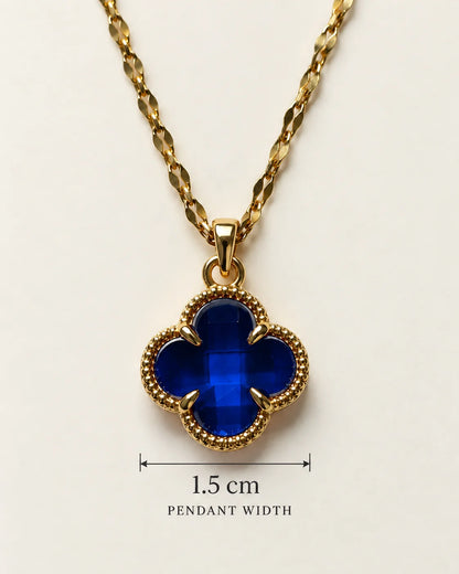 Fortuna sapphire blue clover pendant size card showing a 1.5 cm pendant width