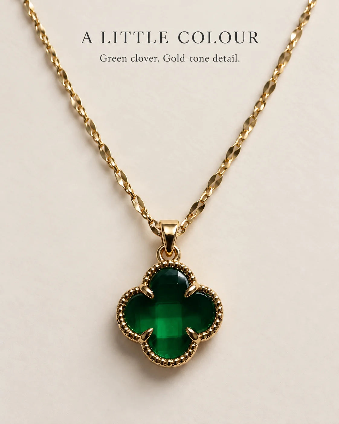 A little colour: Fortuna emerald green clover pendant necklace feature card