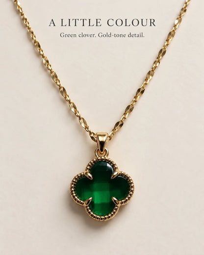 A little colour: Fortuna emerald green clover pendant necklace feature card