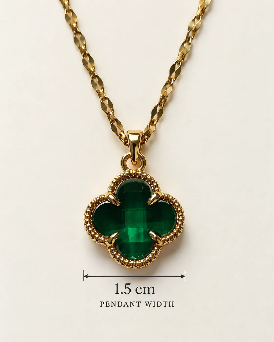 Fortuna emerald green clover pendant size card showing a 1.5 cm pendant width