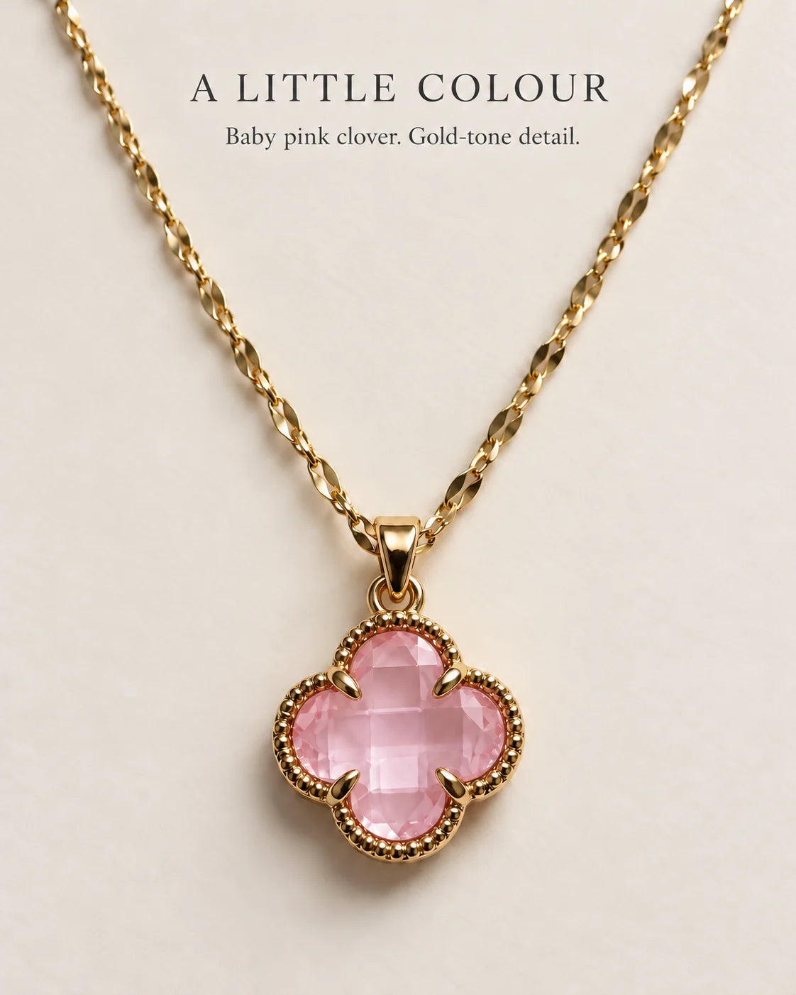 A little colour: Fortuna baby pink clover pendant necklace feature card