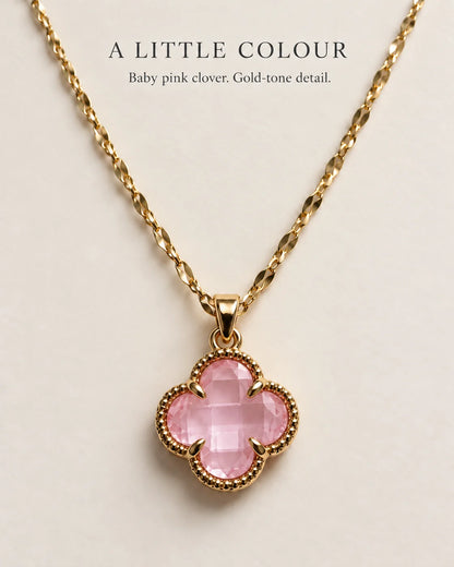 A little colour: Fortuna baby pink clover pendant necklace feature card