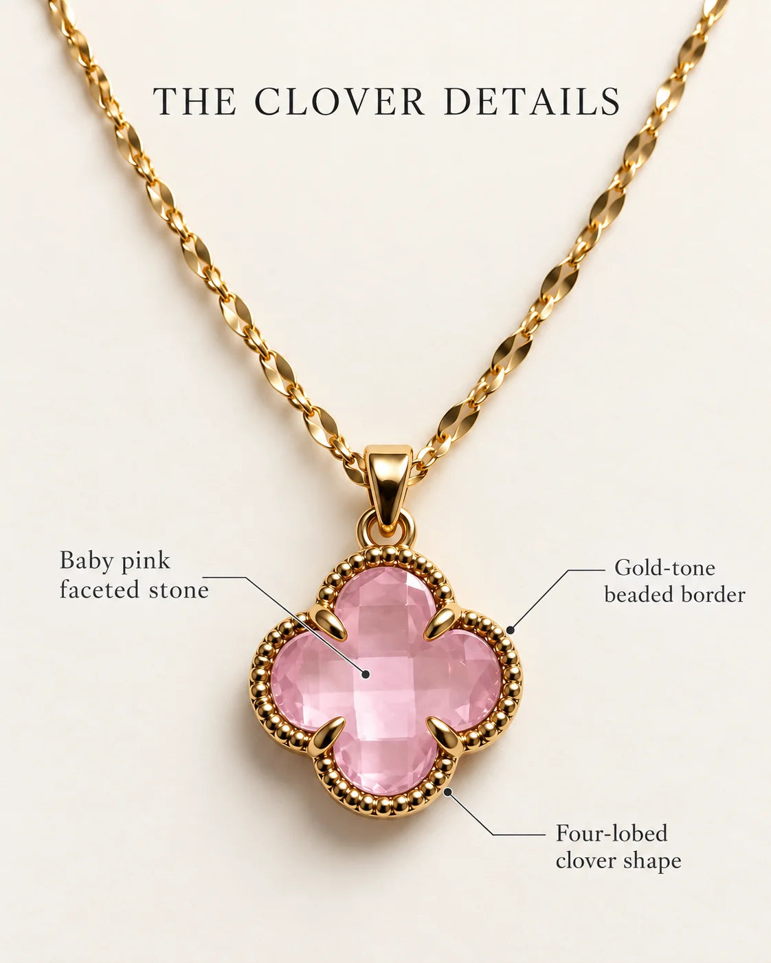Fortuna clover detail guide highlighting the baby pink faceted stone, beaded gold-tone border and four-lobed shape