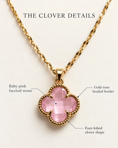 Fortuna clover detail guide highlighting the baby pink faceted stone, beaded gold-tone border and four-lobed shape